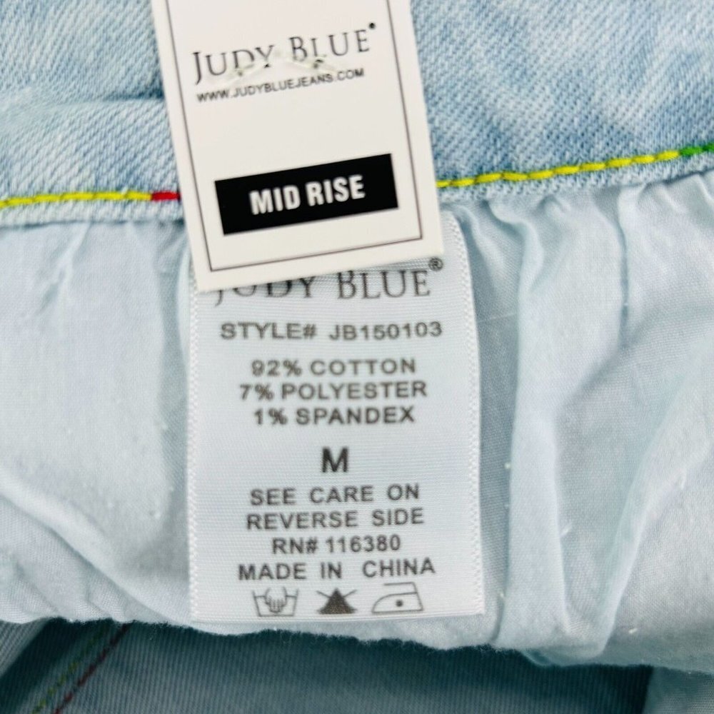Judy Blue Jean Shorts Womens Size M or L Mid Rise Light Wash Rainbow Stitching - Picture 5 of 13
